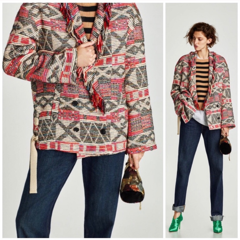 Zara Fringe Geometric Sweater Coat